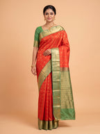 Orange Semi Silk Saree with Medium-Width Zari Floral Border