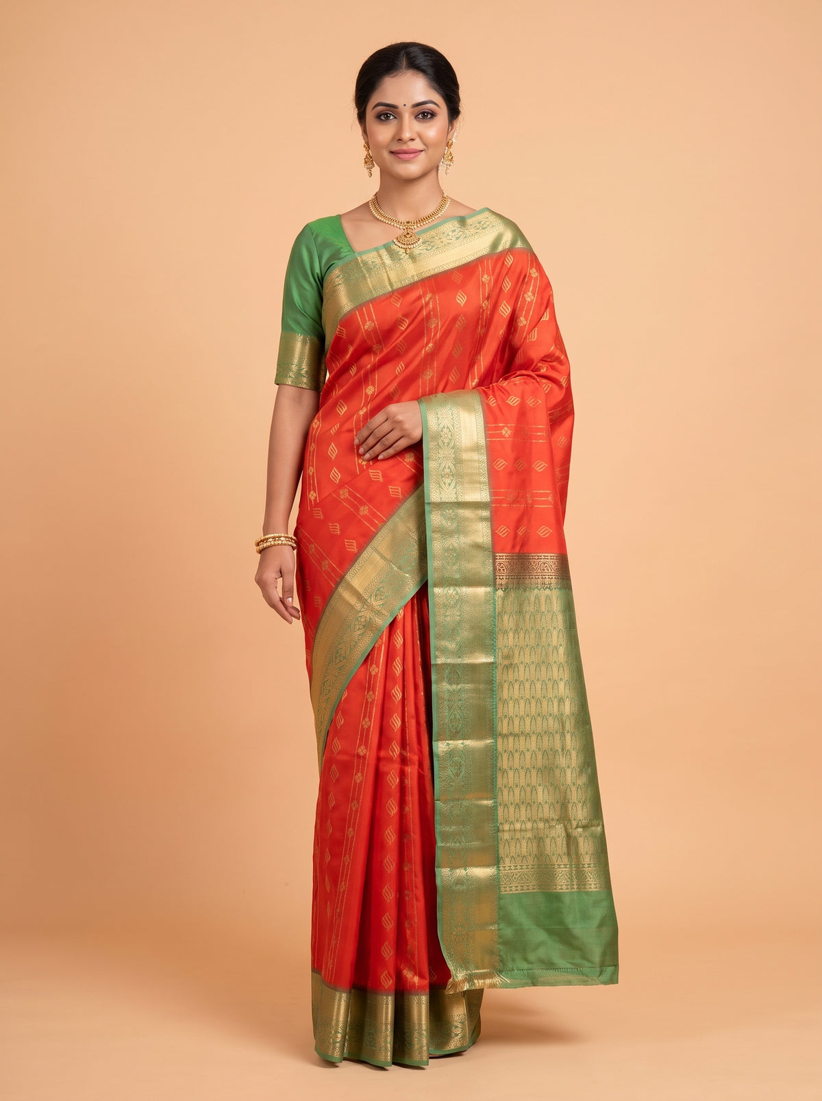 Orange Semi Silk Saree with Medium-Width Zari Floral Border