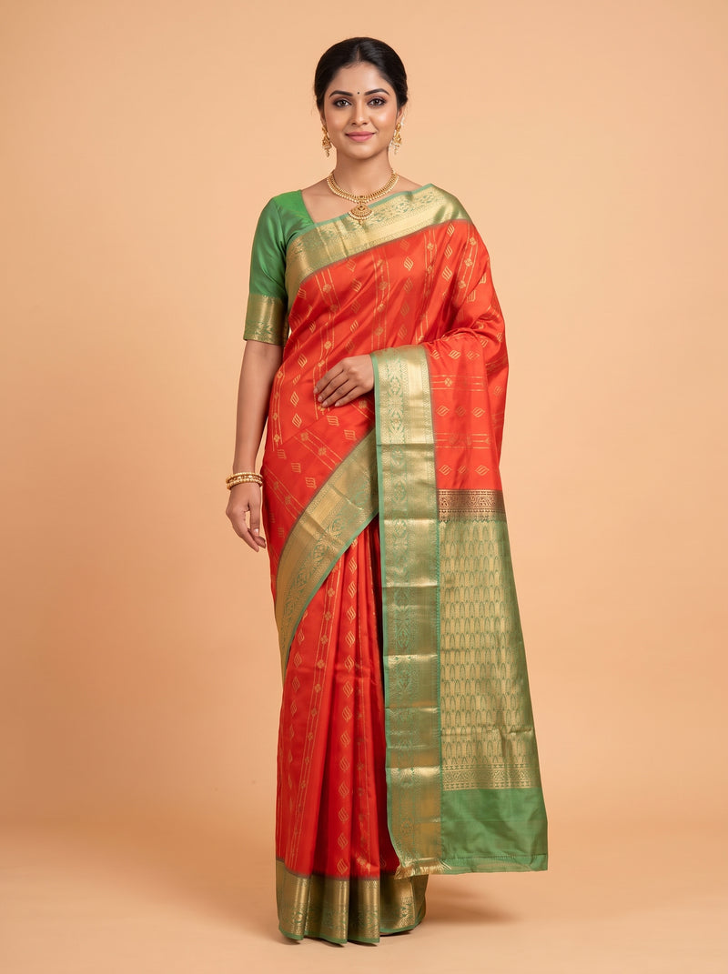 Orange Semi Silk Saree with Medium-Width Zari Floral Border