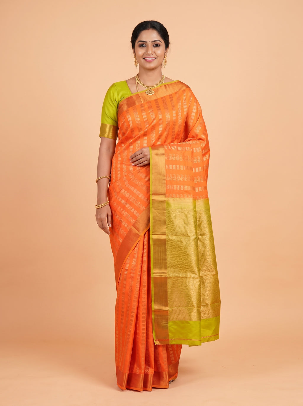 Orange Semi Silk Saree with Medium-Width Zari Kaddi Border