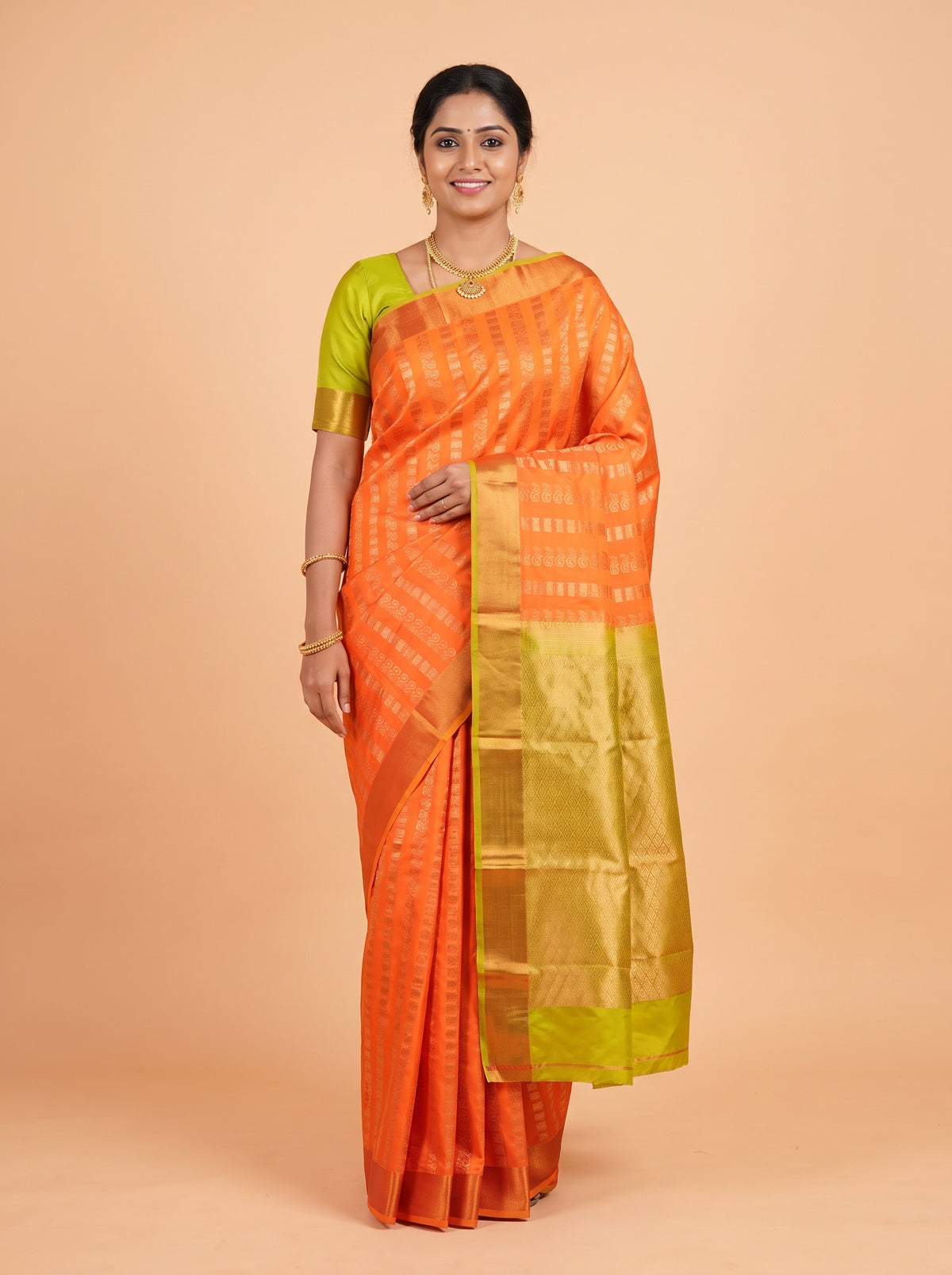 Orange Semi Silk Saree with Medium-Width Solid Zari Kaddi Border