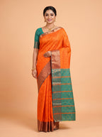 Orange Semi Silk Saree with Medium-Width Contrasting Zari Border