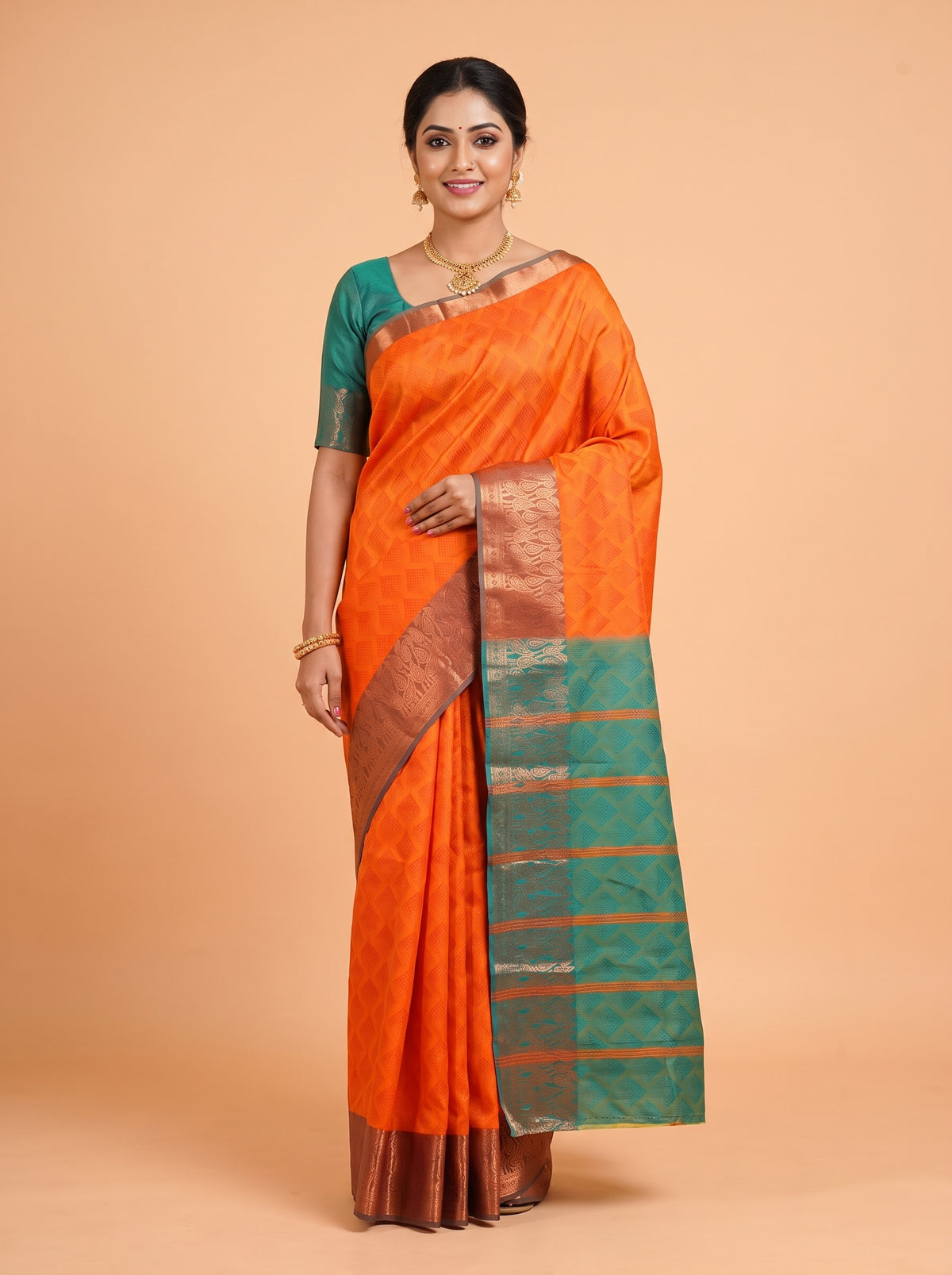Orange Semi Silk Saree with Medium-Width Contrasting Zari Border