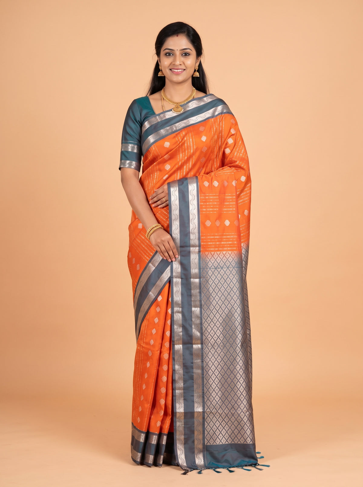 Orange Semi Silk Saree with Medium-Width Contrast Zari Wave Border