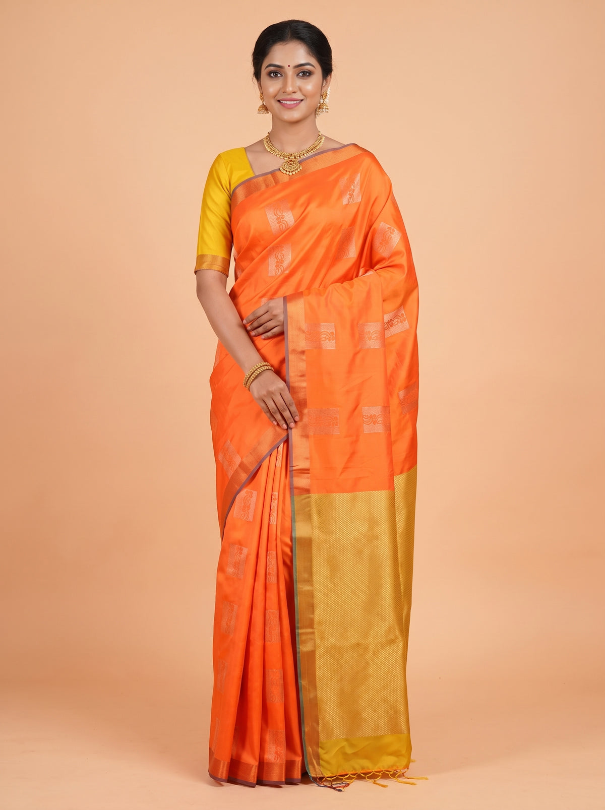 Orange Semi Silk Saree with Broad Zari Brocade Border