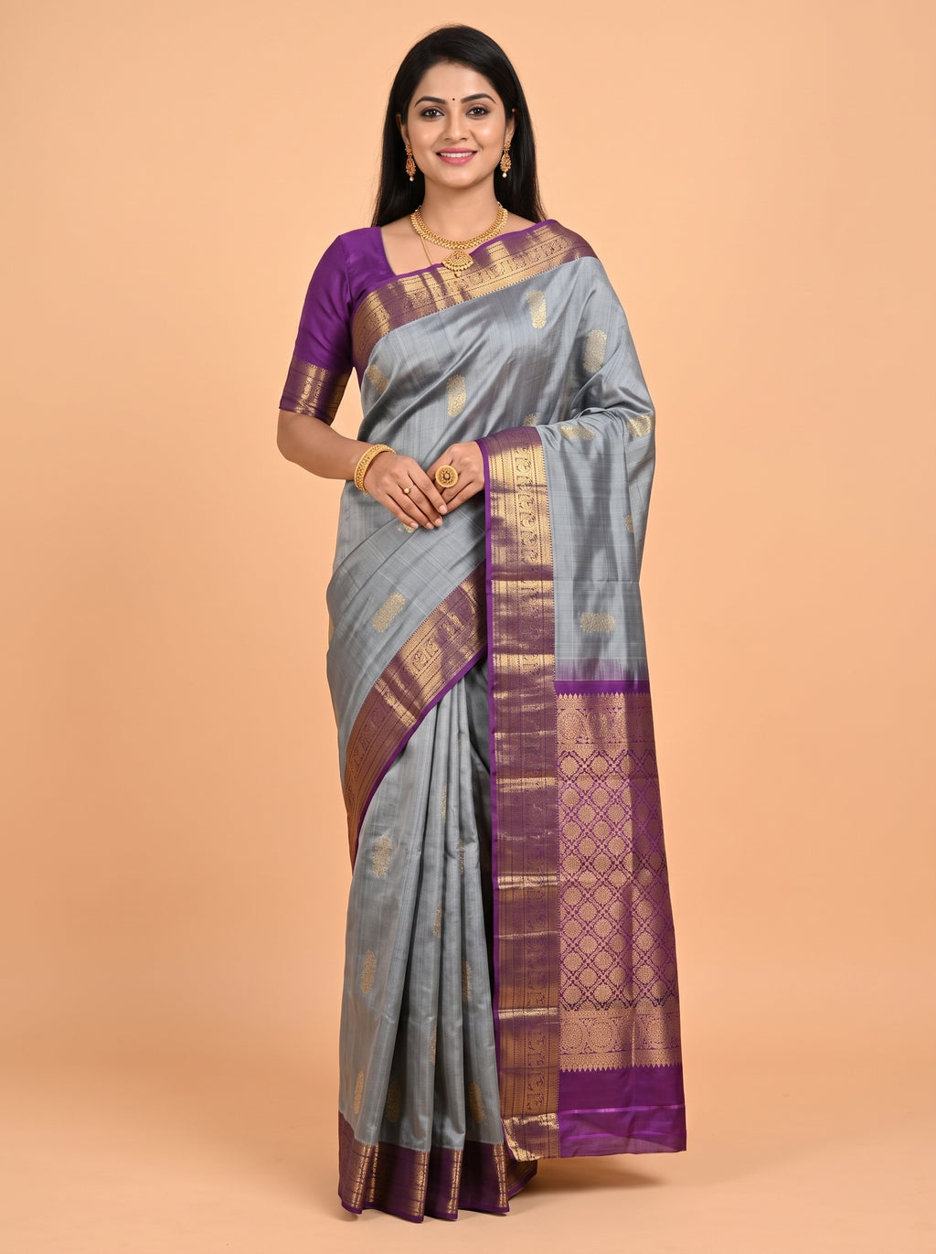 Grey Arni Silk Saree with Purple Contrast Zari Border