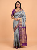 Grey Arni Silk Saree with Purple Contrast Zari Border