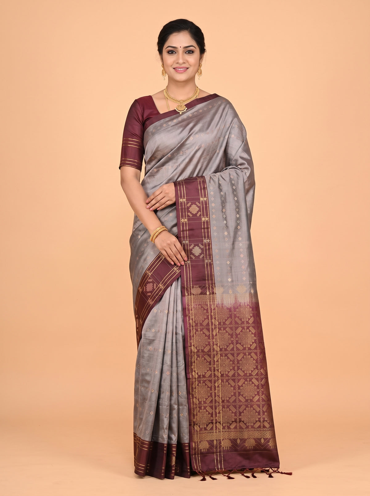 Grey Cotton Saree with Wine Contrast Geometric Zari Border