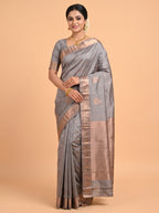 Grey Arni Silk Saree with Rich Ornamental Zari Border