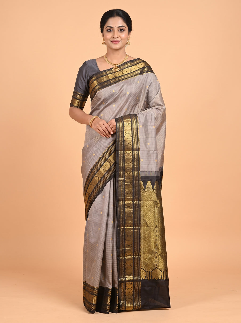 Grey Silk Saree with Black Floral Zari Border