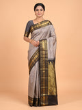 Grey Silk Saree with Black Floral Zari Border