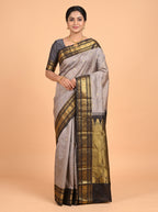 Grey Silk Saree with Black Floral Zari Border