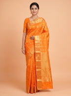 Orange Pure Kanchipuram Saree with Floral Paisley Vine Zari Border