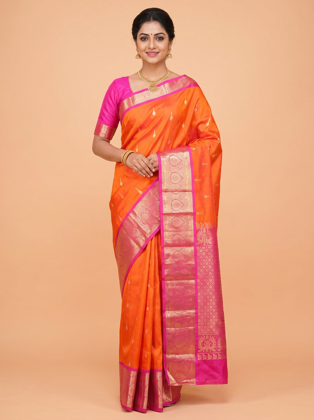 Orange Pure Kanchipuram Saree with Broad Paisley Floral Zari Border