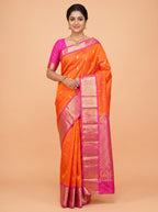 Orange Pure Kanchipuram Saree with Broad Paisley Floral Zari Border