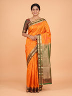 Orange Pure Kanchipuram Saree with Paisley Vine Zari Border