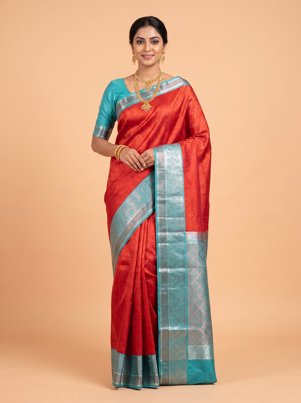 Red Pure Kanchipuram Saree with Stylised Peacock Zari Border