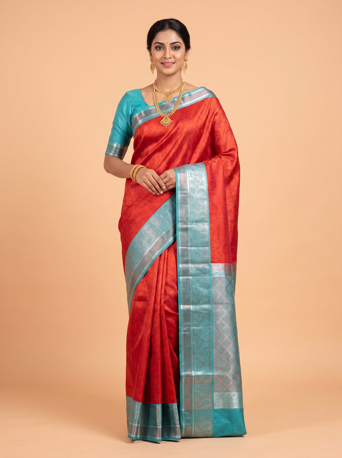Red Pure Kanchipuram Saree with Stylised Peacock Zari Border
