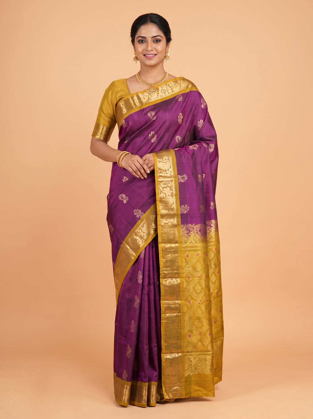 Purple Pure Kanchipuram Saree with Broad Floral Leaf Vine Zari Border