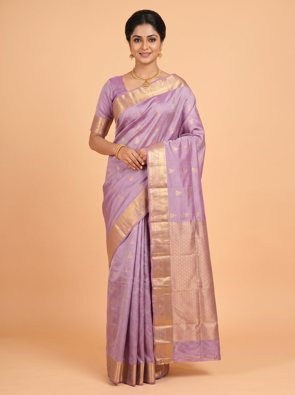 Purple Pure Kanchipuram Saree with Broad Paisley Floral Zari Border
