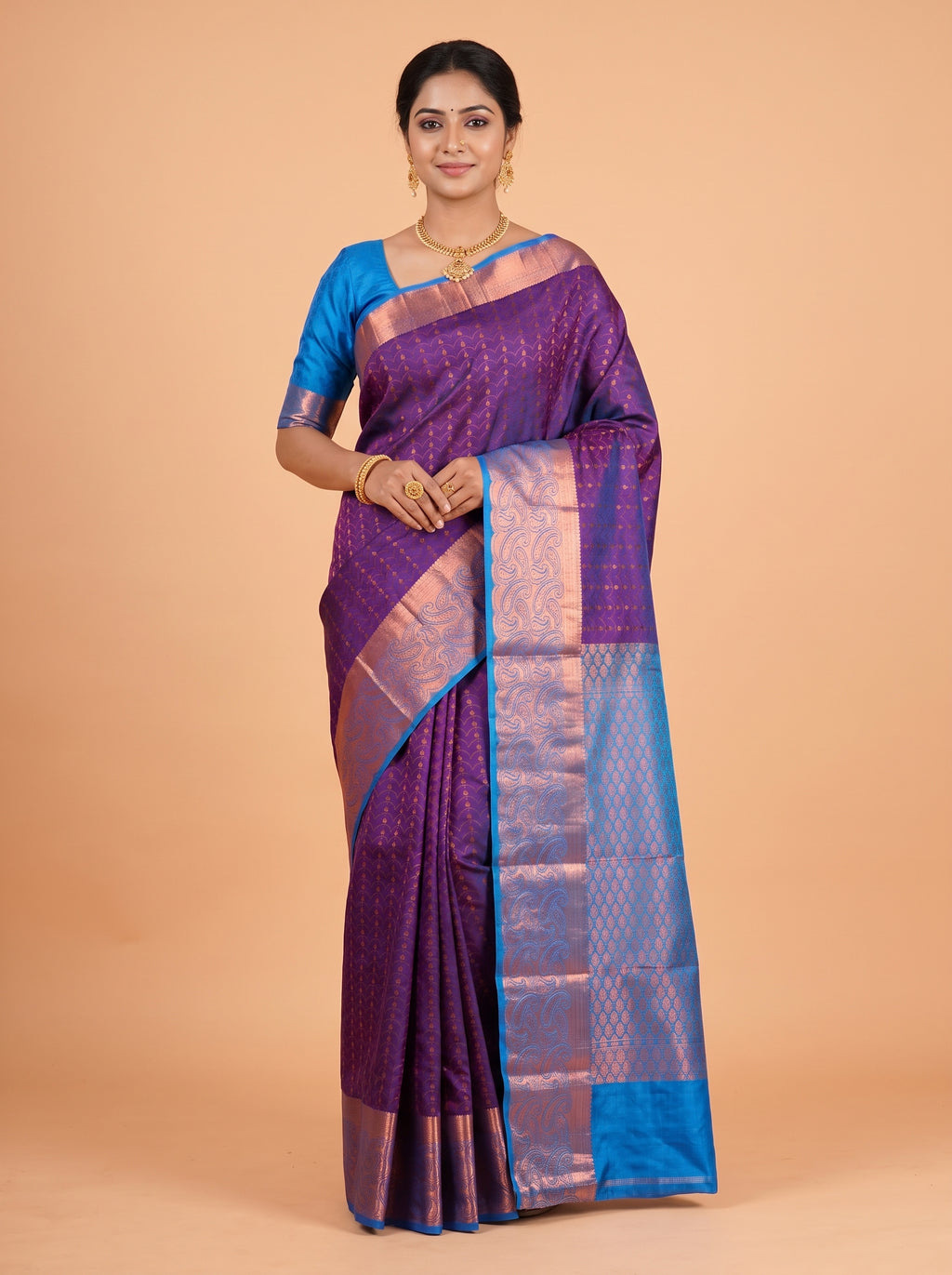 Purple Pure Kanchipuram Saree with Short Plain Gold Zari Border