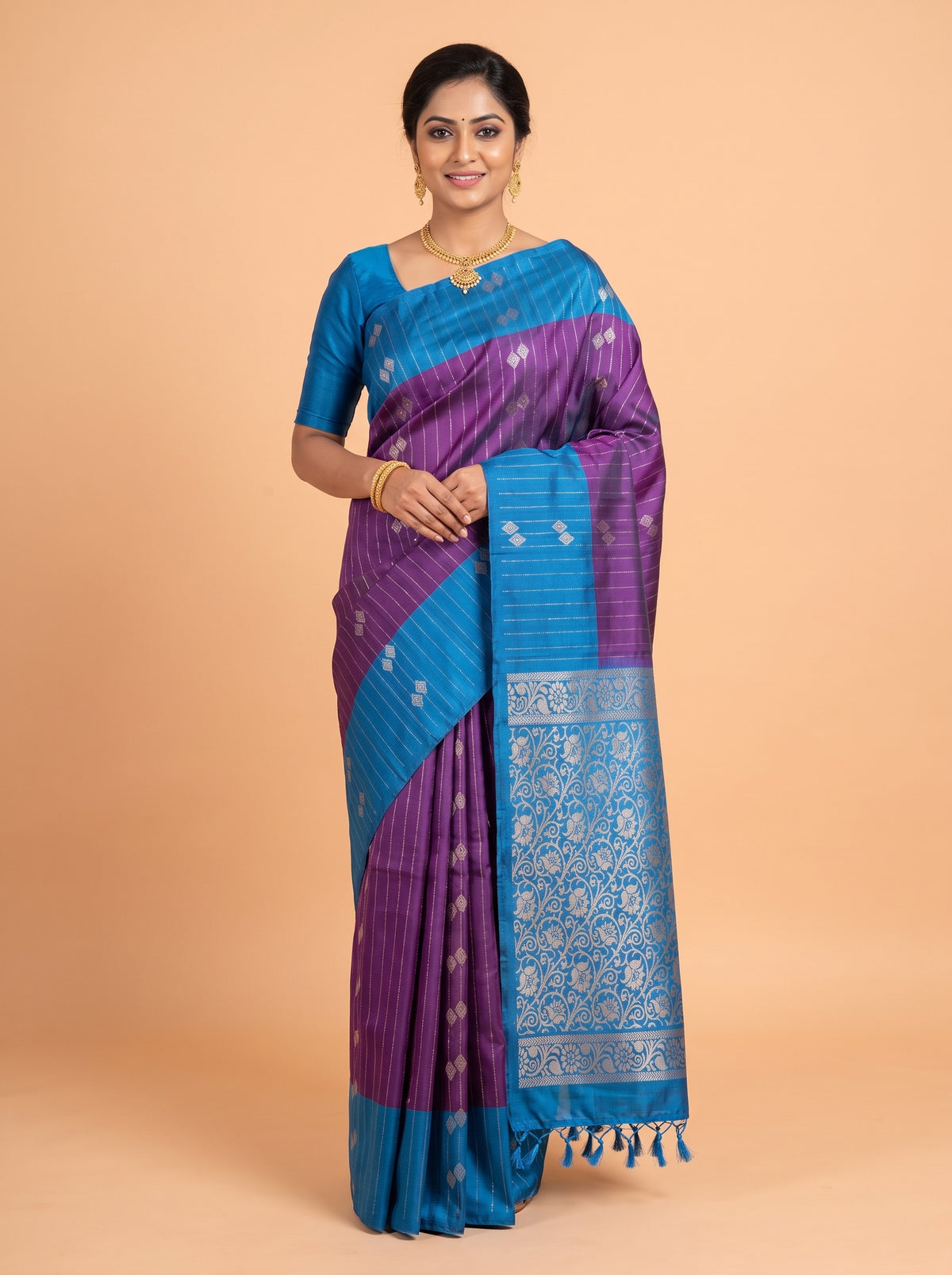 Purple Pure Kanchipuram Saree with Broad Geometric Butta Zari Border