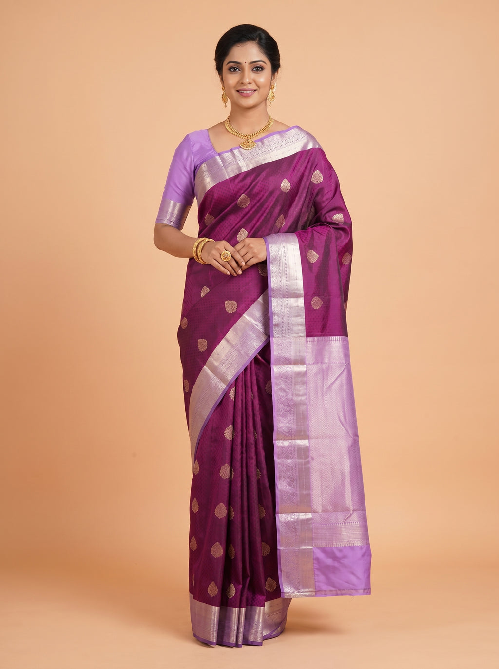 Purple Pure Kanchipuram Saree with Broad Geometric Floral-Vine Zari Border