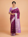 Purple Pure Kanchipuram Saree with Broad Geometric Floral-Vine Zari Border