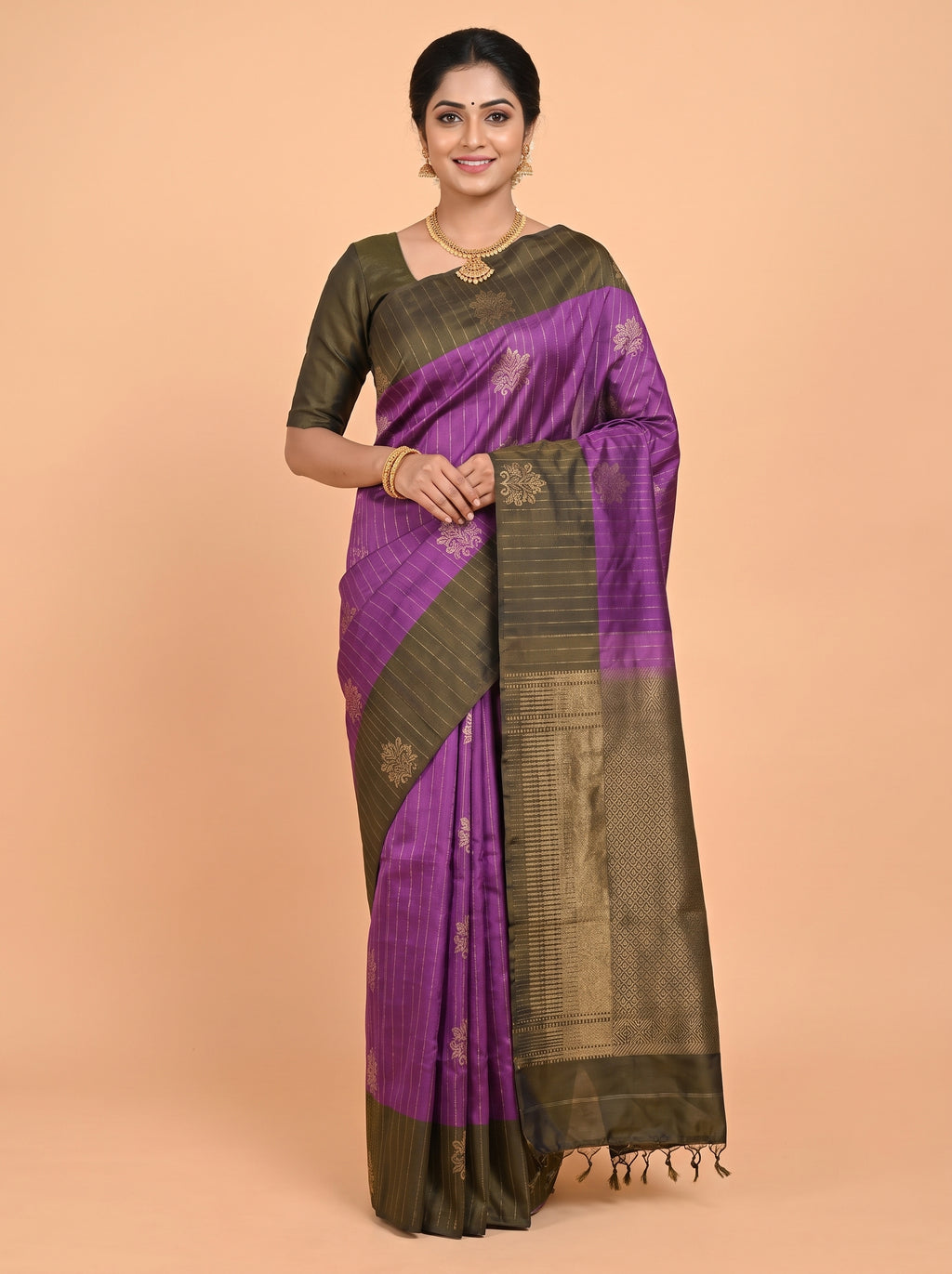 Purple Pure Kanchipuram Saree with Broad Floral Leaf Zari Border