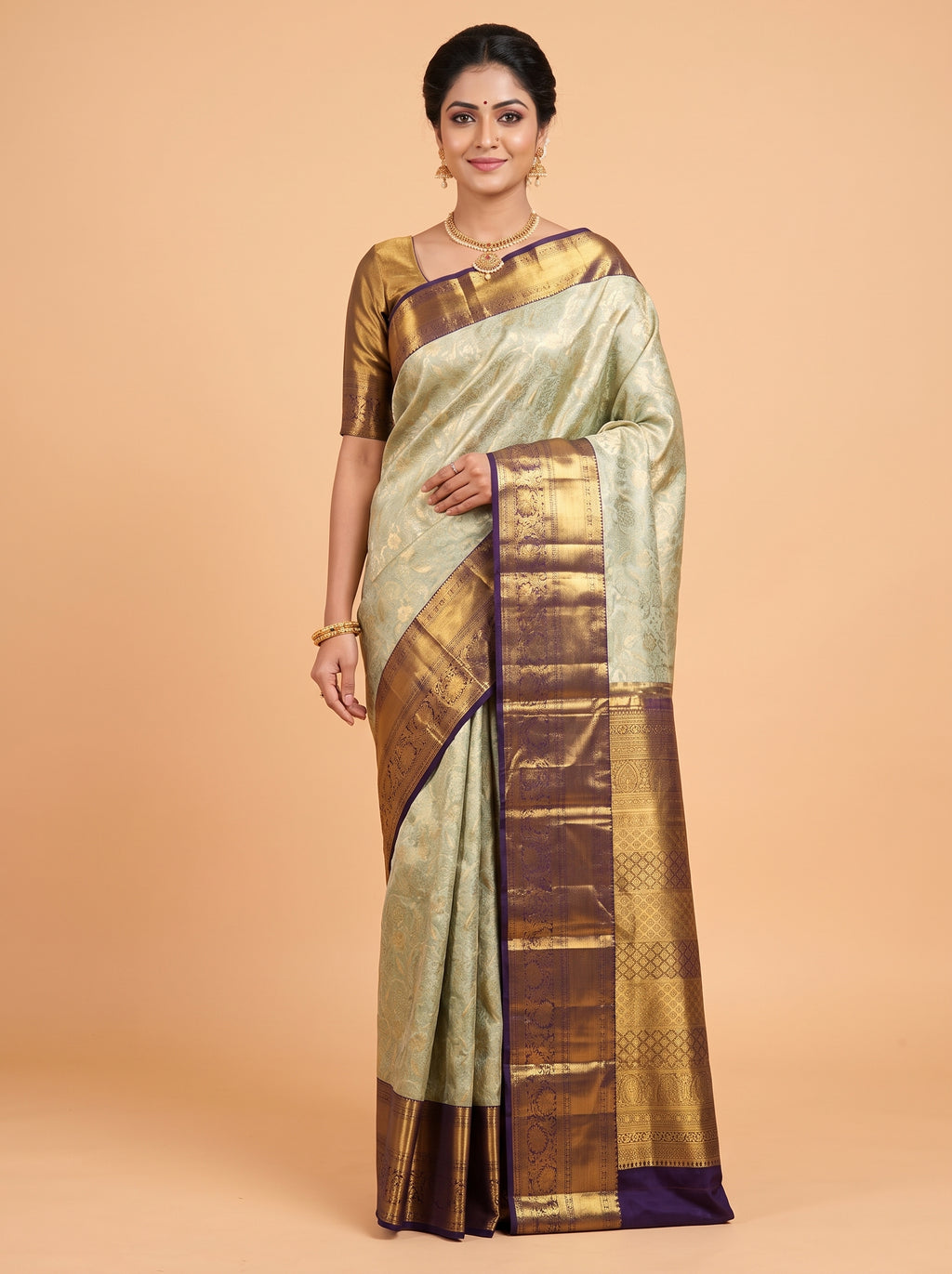 Parrot Green Kanchipuram Saree with Floral Paisley Zari Border
