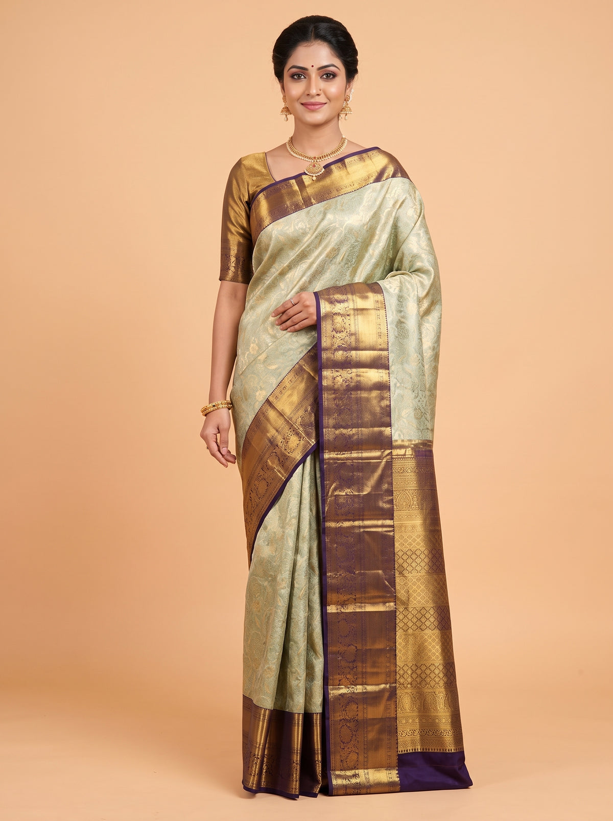 Parrot Green Kanchipuram Saree with Floral Paisley Zari Border