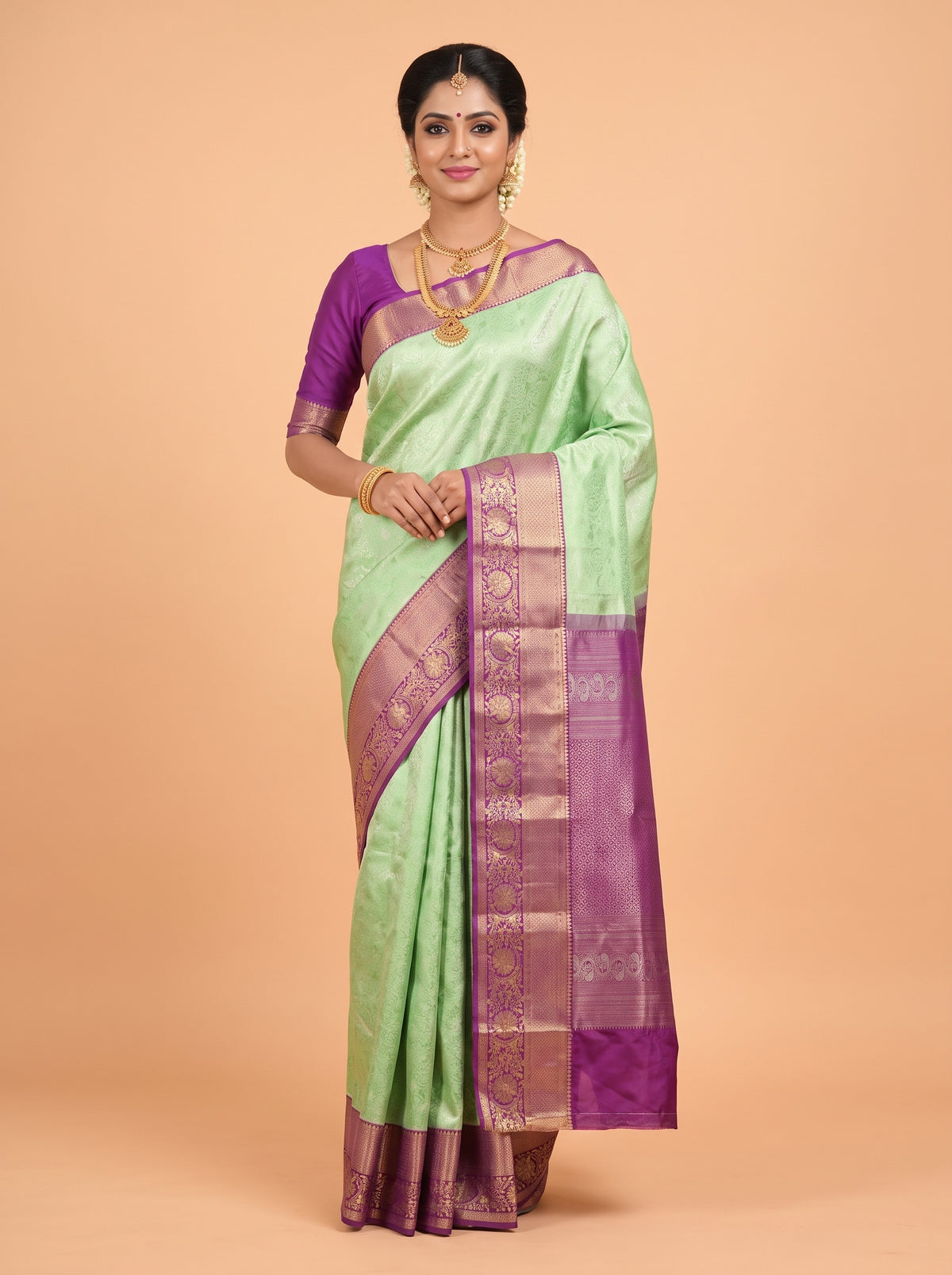 Parrot Green Kanchipuram Saree with Peacock Zari Border