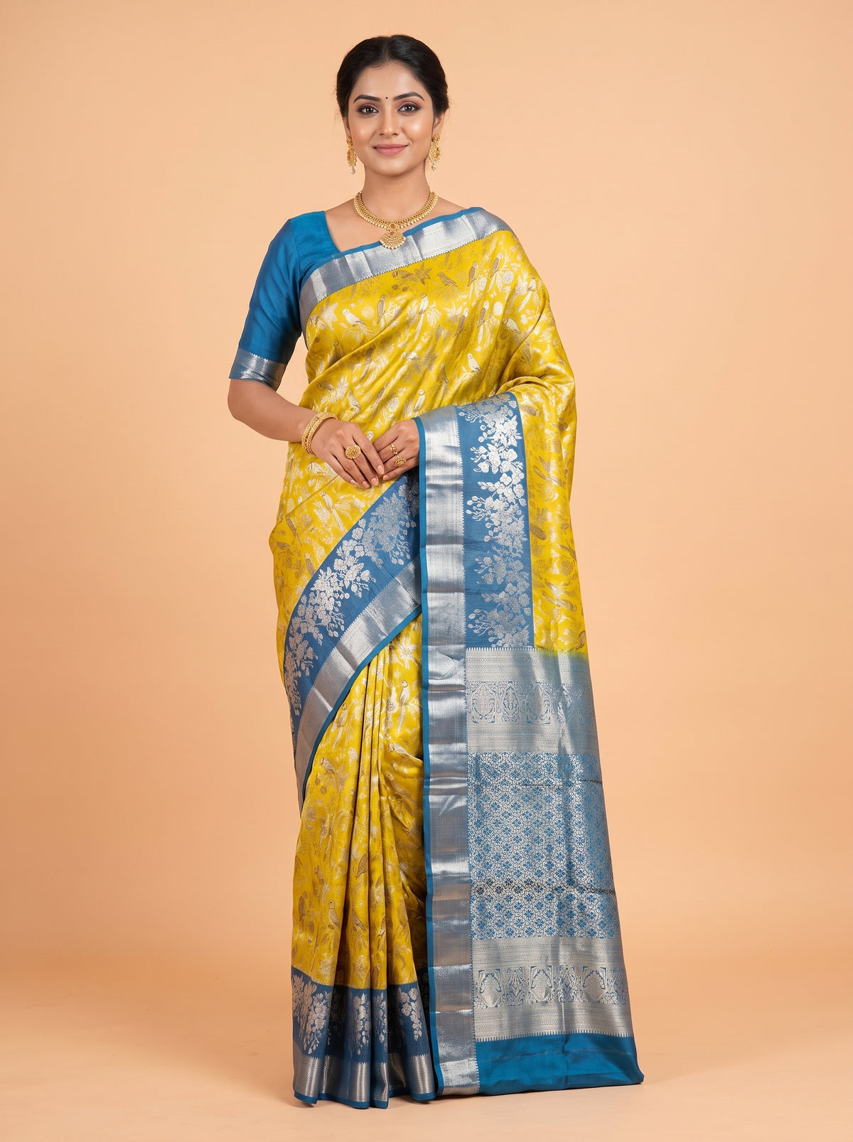 Mustard Yellow Kanchipuram Saree with Geometric Zari Border