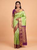 Parrot Green Kanchipuram Saree with Temple Zari Border