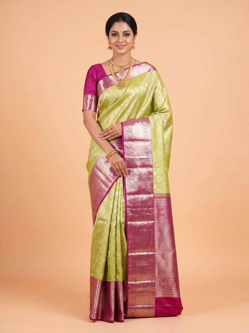 Parrot Green Kanchipuram Saree with Peacock Floral Zari Border