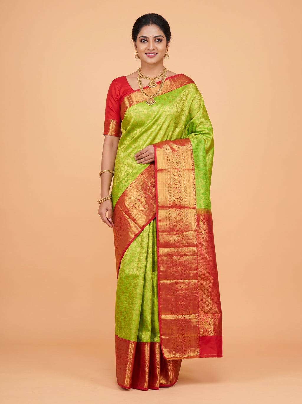 Parrot Green Kanchipuram Saree with Peacock Paisley Zari Border
