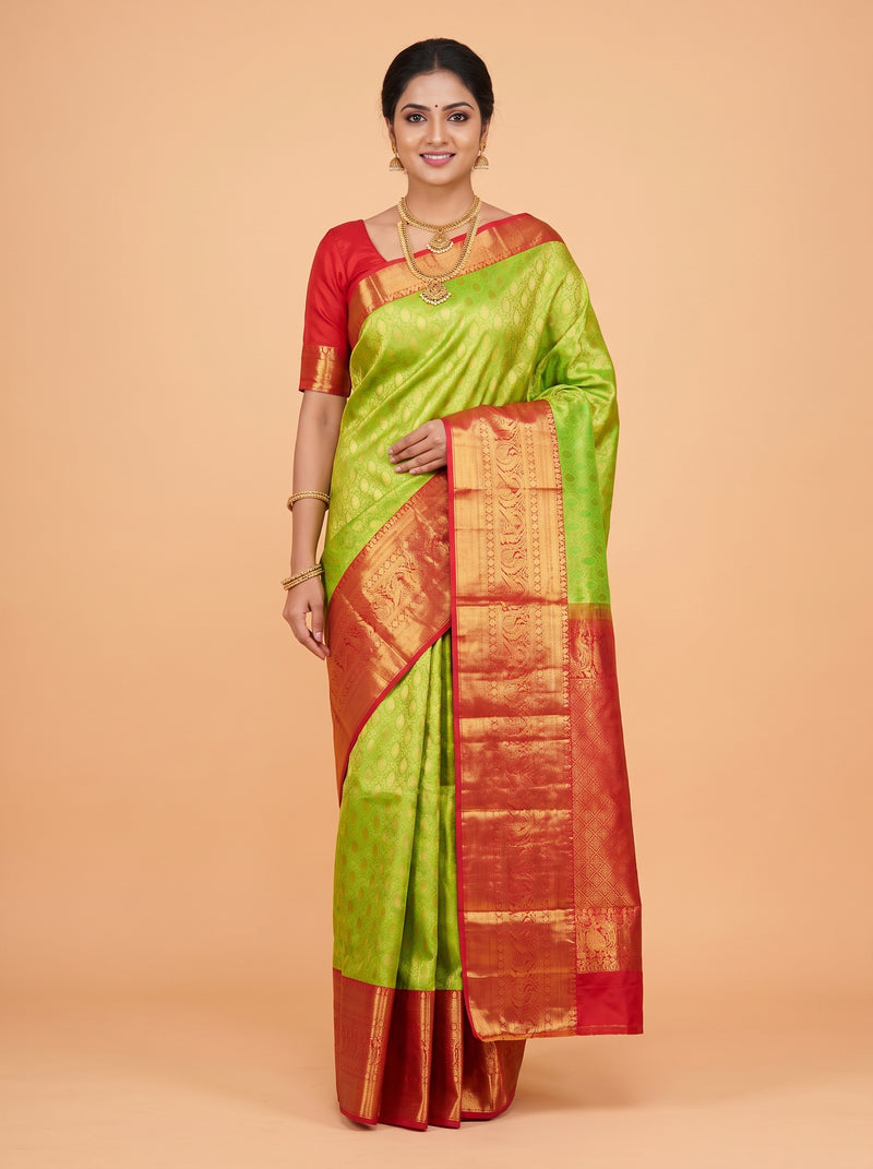 Parrot Green Kanchipuram Saree with Peacock Paisley Zari Border