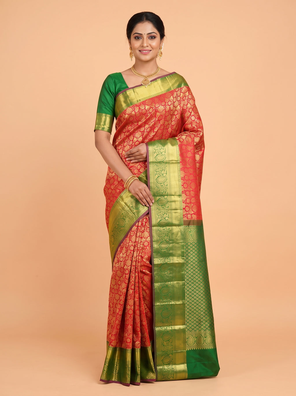Red Kanchipuram Saree with Rich Floral Vine Zari Border