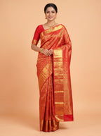 Red Kanchipuram Saree with Peacock and Floral Vine Zari Border