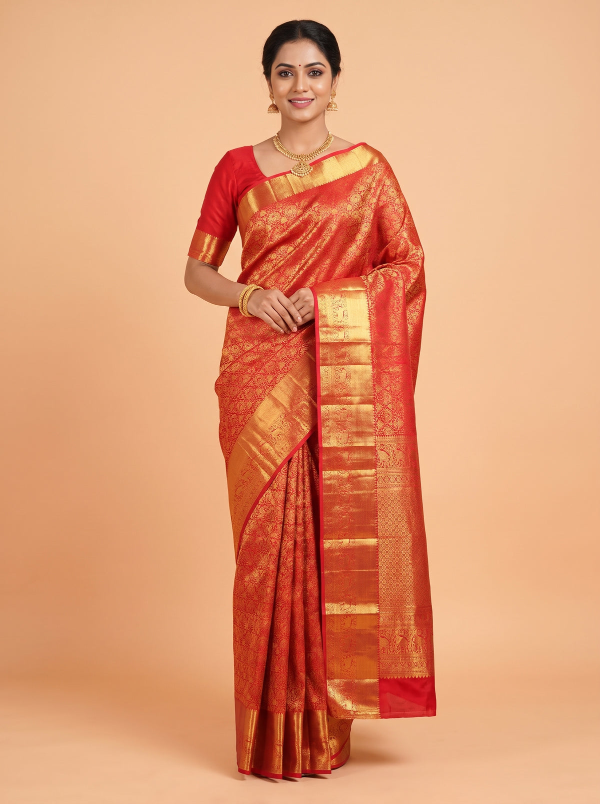 Red Kanchipuram Saree with Peacock and Floral Vine Zari Border