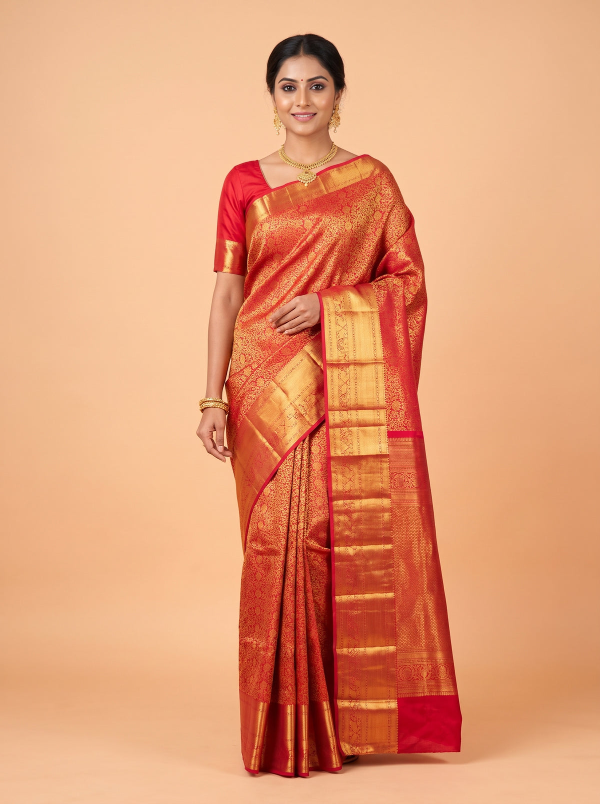 Red Kanchipuram Saree with Paisley and Floral Vine Zari Border