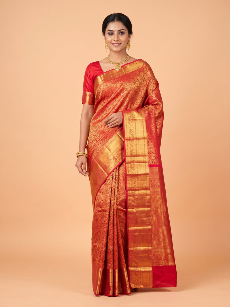 Red Kanchipuram Saree with Paisley and Floral Vine Zari Border