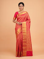 Red Kanchipuram Saree with Peacock and Geometric Zari Border