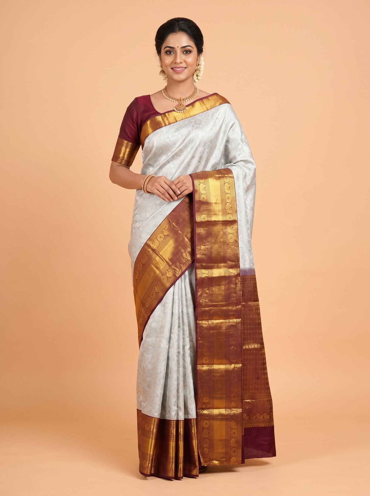 Silver Blue Kanchipuram Saree with Peacock and Floral Medallion Zari Border