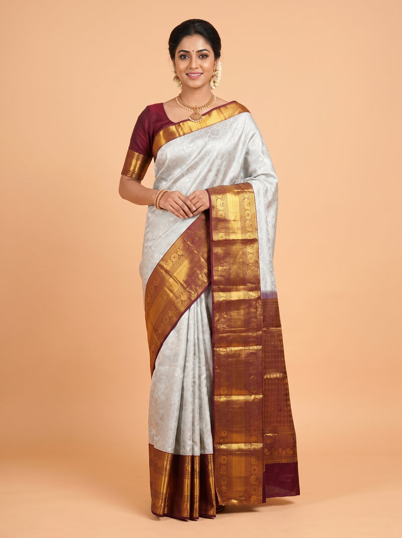 Silver Blue Kanchipuram Saree with Peacock and Floral Medallion Zari Border
