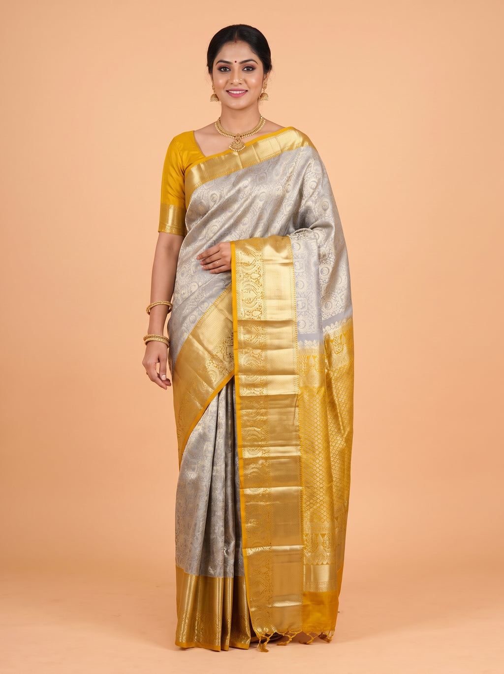 Silver Grey Kanchipuram Saree with Paisley and Diamond Zari Border