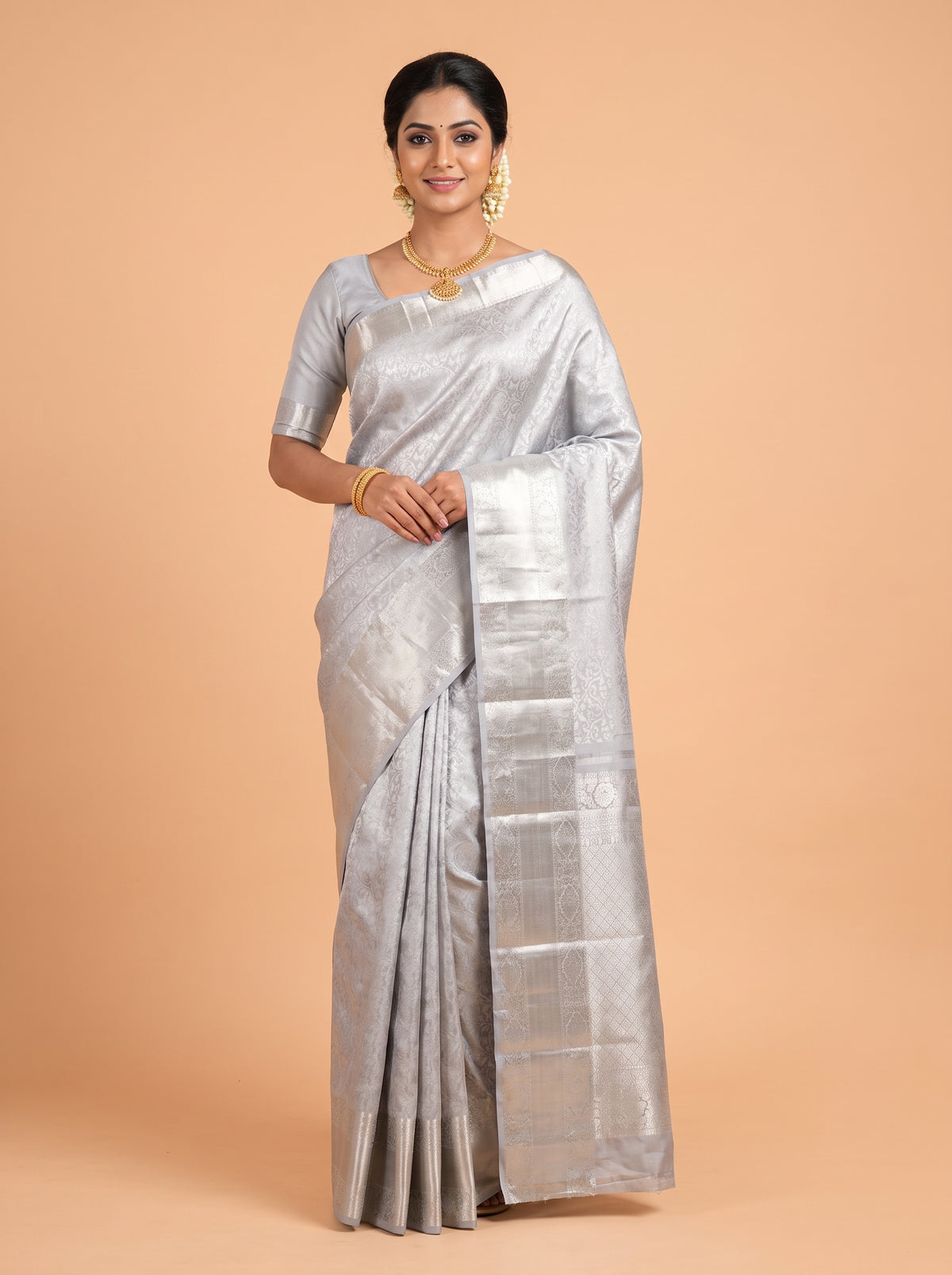 Silver Kanchipuram Saree with Floral Vine and Ornamental Zari Border