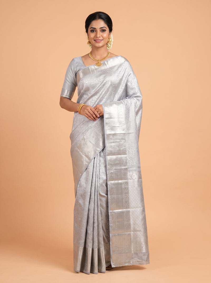Silver Kanchipuram Saree with Floral Vine and Ornamental Zari Border