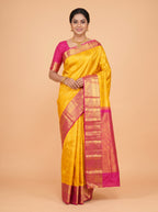 Yellow Kanchipuram Saree with Peacock and Floral Zari Border