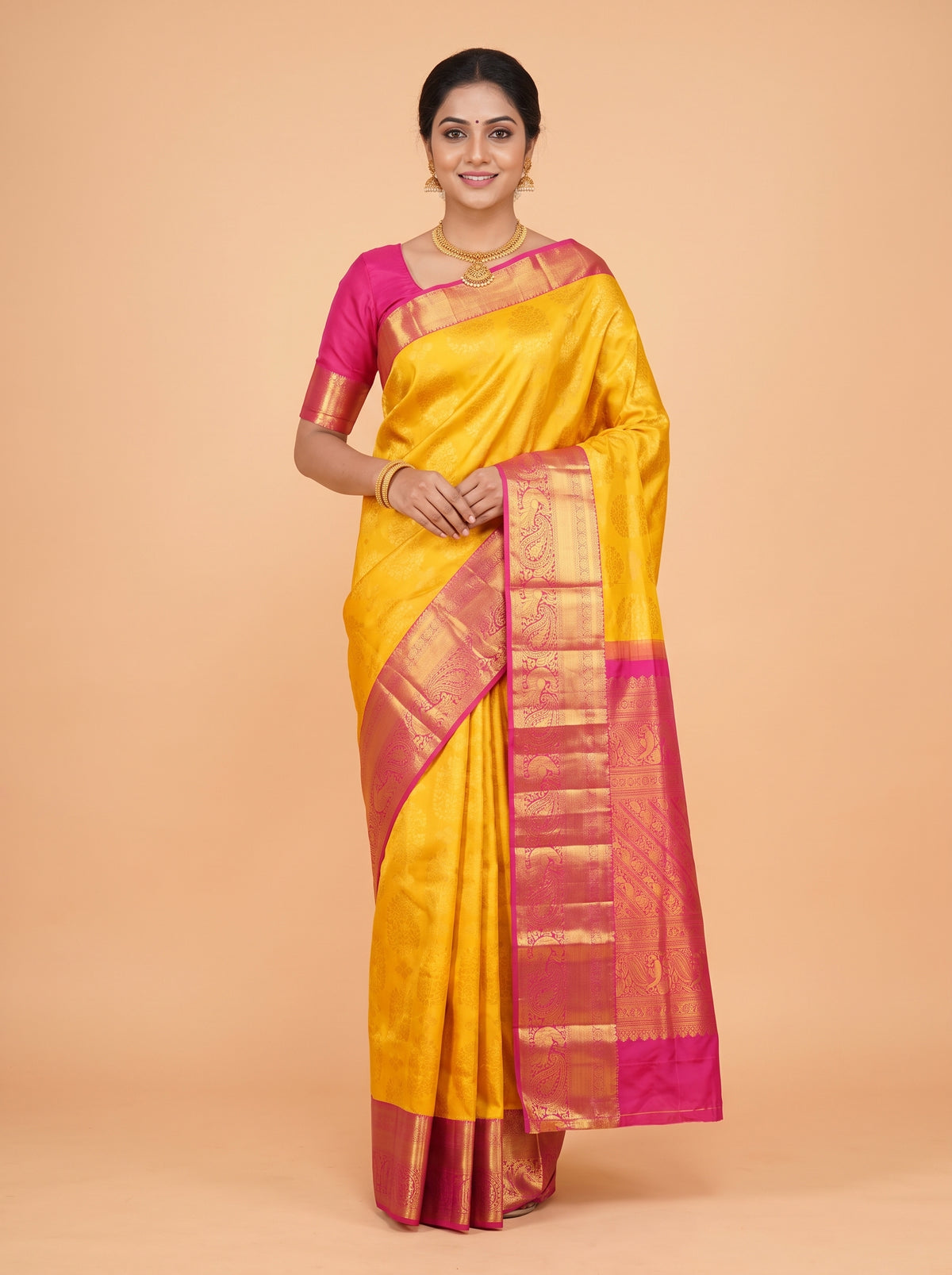 Yellow Kanchipuram Saree with Peacock and Floral Zari Border